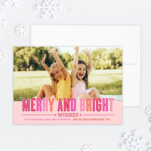 Merry and Bright Bold Pink Typography Photo Holiday Card (Creator Uploaded)