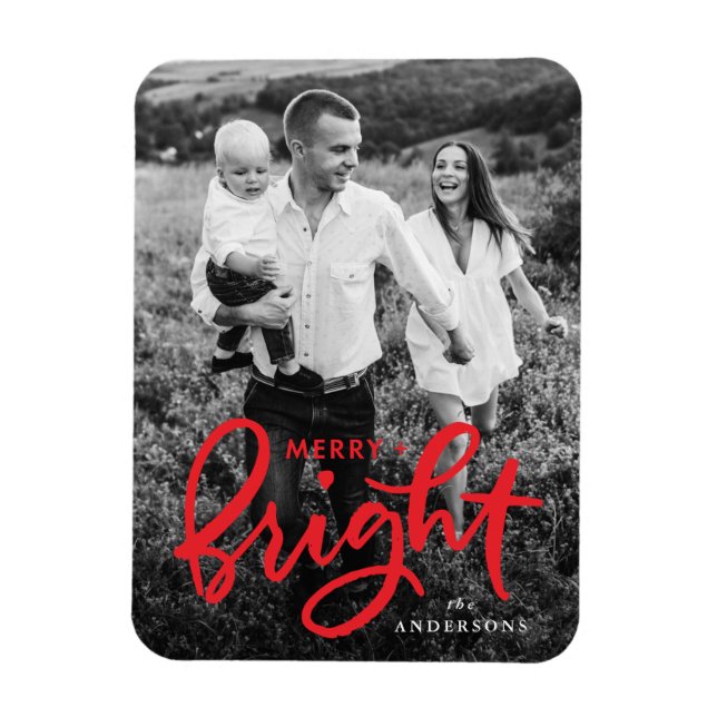 Merry and Bright Bold Red Script Holiday Photo Magnet (Vertical)