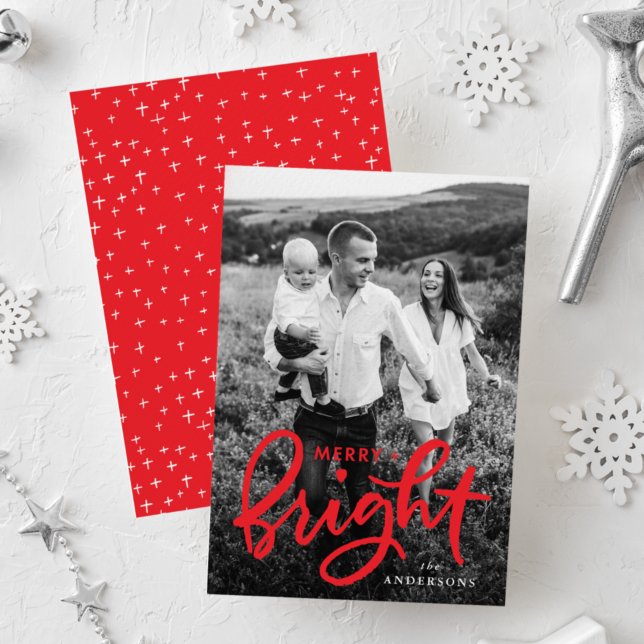 Merry and Bright Bold Red Script Photo Holiday Card (Creator Uploaded)