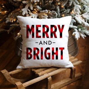 Merry and Bright Bright Red Plaid Christmas Throw Pillow