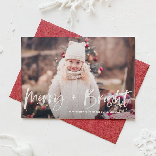 Merry and Bright Brush Lettering Photo Christmas Holiday Card