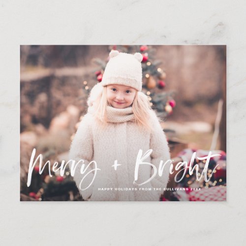 Merry and Bright Brush Lettering Photo Christmas Holiday Postcard