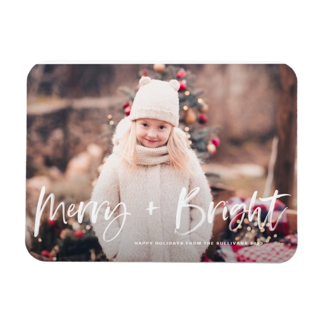 Merry and Bright Brush Lettering Photo Christmas Magnet (Horizontal)
