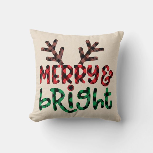 Merry and Bright Buffalo Plaid Christmas Throw Pillow (Front)