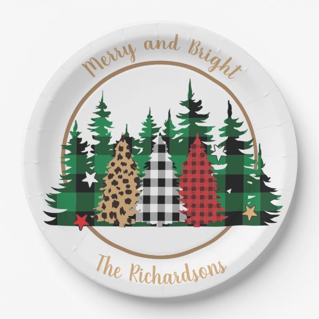 Merry and Bright Buffalo Plaid Leopard Print Tree Paper Plates (Front)
