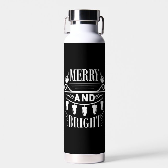 Merry And Bright Bulb Light Xmas Holiday Christmas Water Bottle (Front)