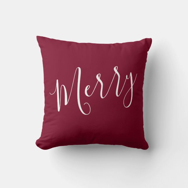 Merry and Bright Burgundy Christmas Throw Pillow (Front)