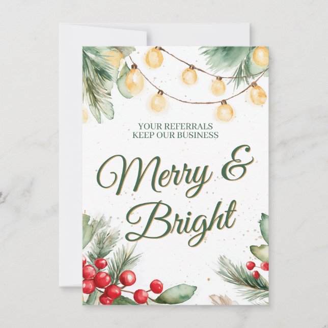 Merry and Bright Business Referral Christmas Note Card (Front)