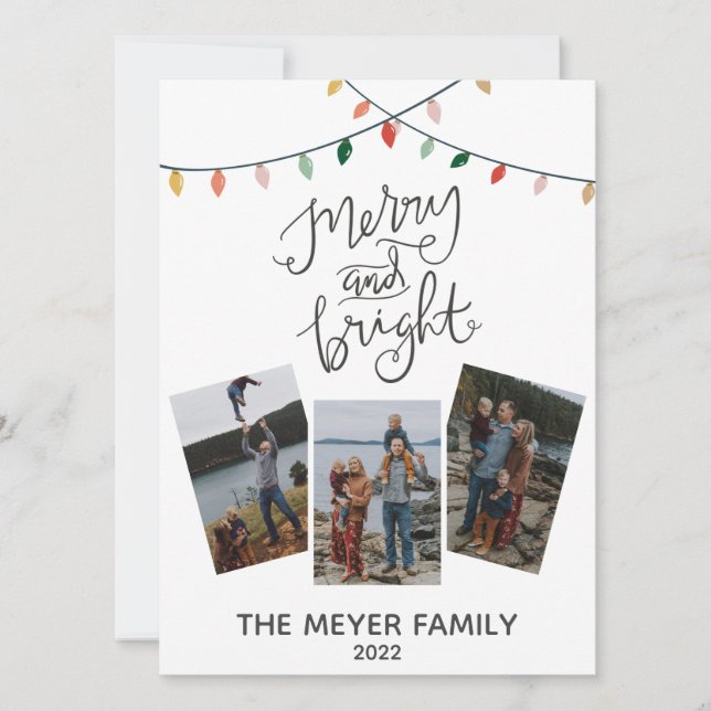 Merry and Bright Calligraphy Christmas Lights Holiday Card (Front)