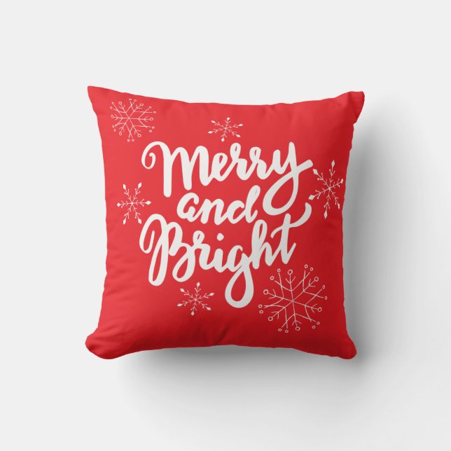 Merry and Bright Calligraphy Holiday Throw Pillow (Front)
