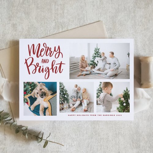 Merry and Bright Calligraphy Red Photo Collage Holiday Card