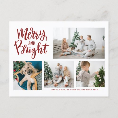 Merry and Bright Calligraphy Red Photo Collage Holiday Postcard