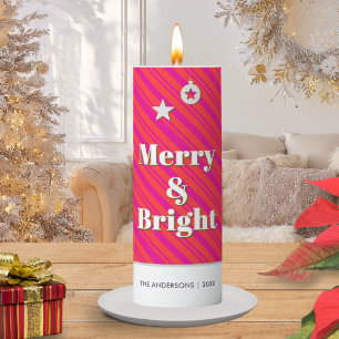 Merry and Bright Candy Cane Personalized Christmas Pillar Candle