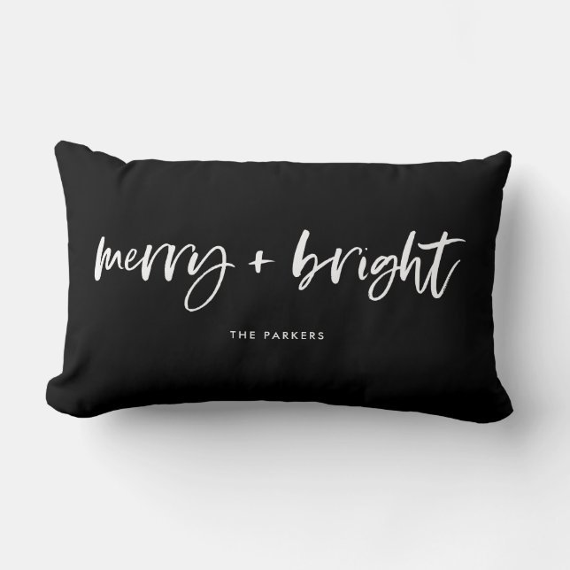 Merry and Bright | Casual Script Christmas Black Lumbar Pillow (Front)