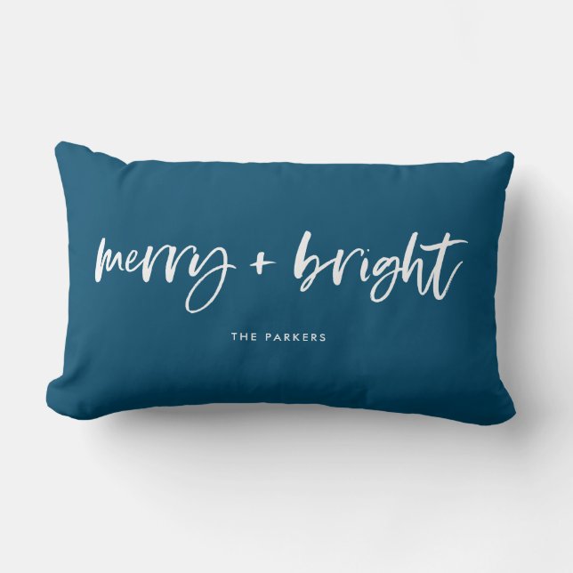 Merry and Bright | Casual Script Christmas Blue Lumbar Pillow (Front)