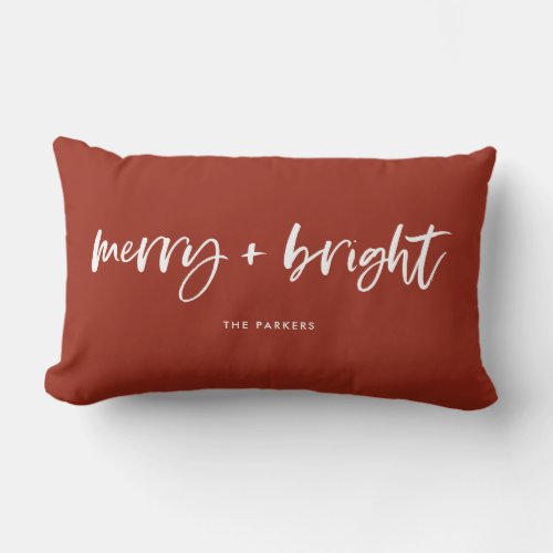 Merry and Bright  Casual Script Christmas Red Lumbar Pillow