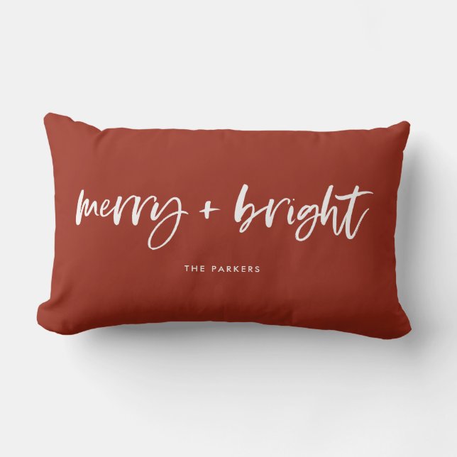 Merry and Bright | Casual Script Christmas Red Lumbar Pillow (Front)