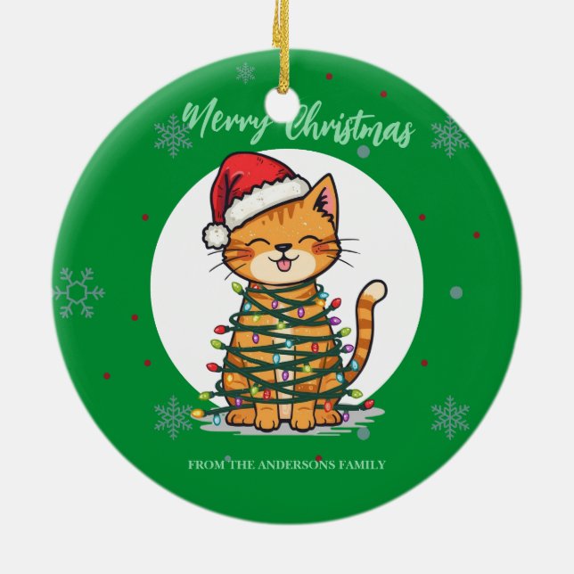 Merry and Bright cat Christmas kitten snow winter Ceramic Ornament (Back)