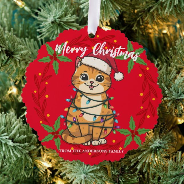 Merry and Bright cat Christmas kitten snow winter Ornament Card (Insitu (Tree))