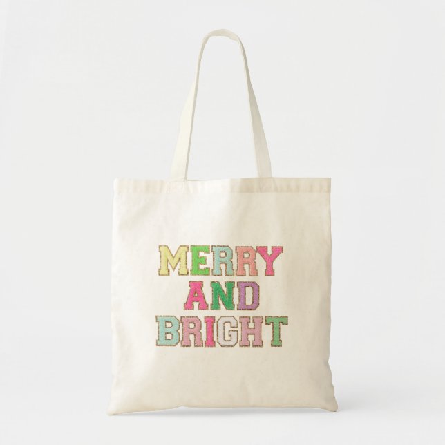 Merry And Bright Chenille Patch Letter Christmas Tote Bag (Front)