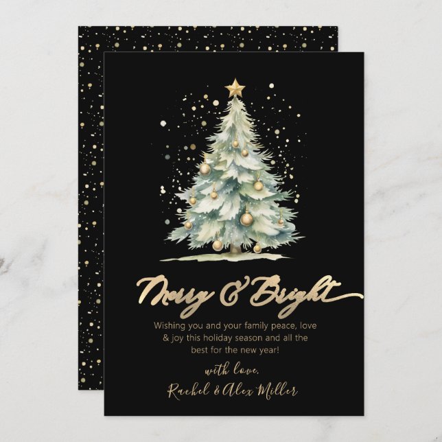 Merry and Bright Chic Gold Script Tree Non Photo Holiday Card (Front/Back)