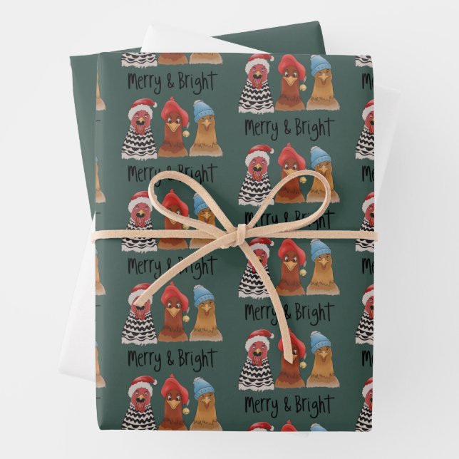 Merry And Bright Chickens Christmas Farm Animal  Wrapping Paper Sheets (In situ)