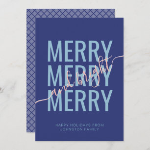 Merry and bright Christmas blue checker Holiday Card