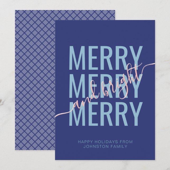 Merry and bright Christmas blue checker Holiday Card (Front/Back)