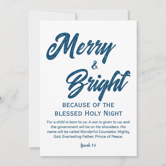 Merry and Bright Christmas Blue Script Holiday Card (Front)