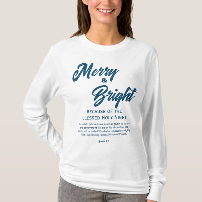 Merry and Bright Christmas Blue Script T-Shirt (Front)