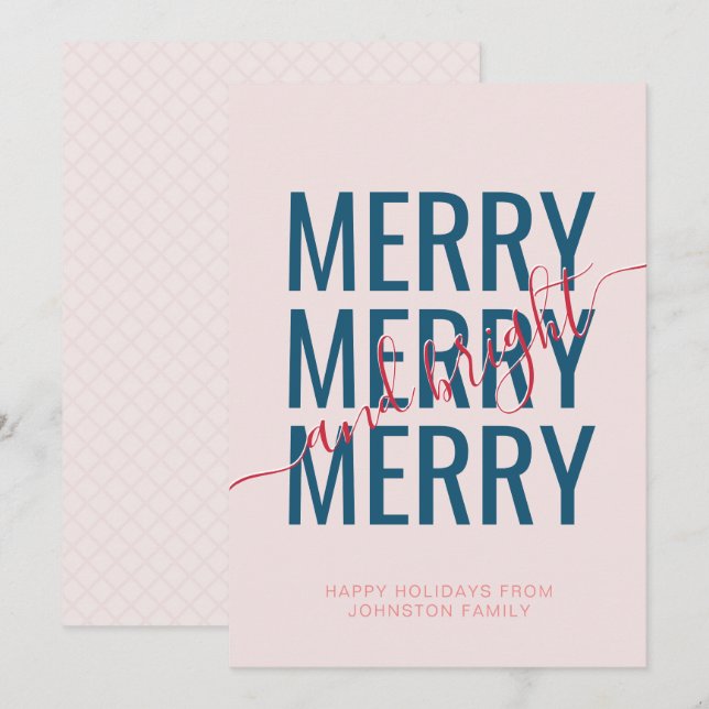 Merry and bright Christmas blush pink checker Holiday Card (Front/Back)