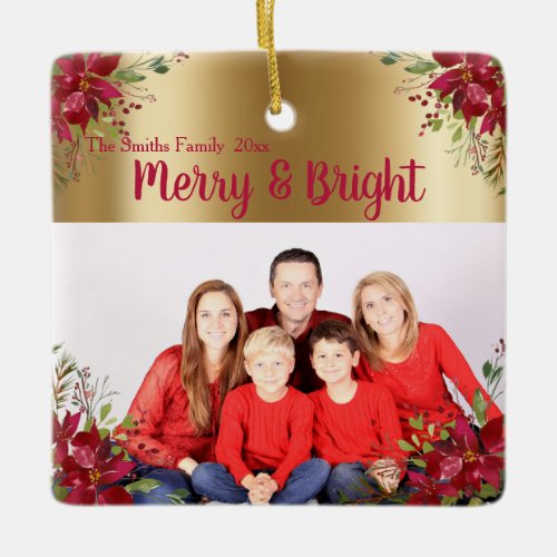 Merry and Bright Christmas Burgundy Photo Holiday Ceramic Ornament