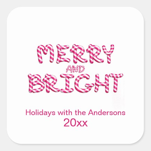 Merry and Bright Christmas Candy Cane Red Square Sticker