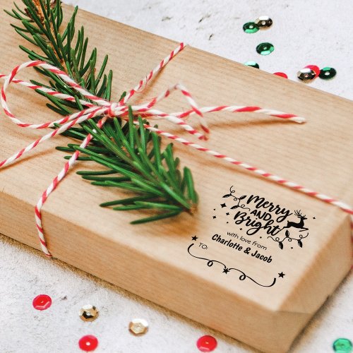 Merry and Bright Christmas Couple Tag  Rubber Stamp