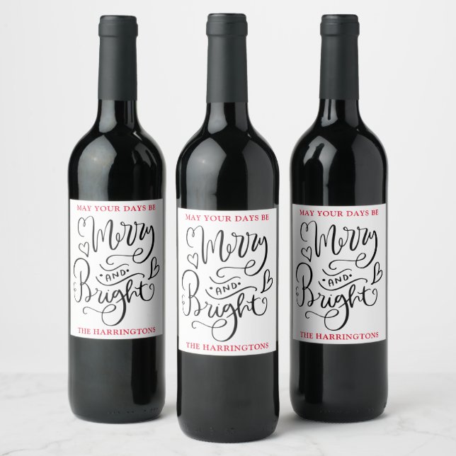 Merry And Bright Christmas Elegant Script Holiday Wine Label (Bottles)