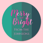 Merry and Bright Christmas Family Name Green Pink Classic Round Sticker<br><div class="desc">This is a bright and modern, Christmas, Merry and Bright design. It is in trending pink and green with stylish typography script and chic green stripe. It has the message, "Merry & Bright!" "From The Johnsons". Ideal for your Christmas gift wrap, envelope seals, and party favor seals this festive season....</div>