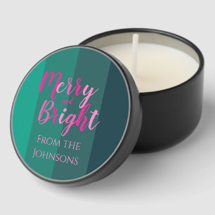 Merry and Bright Christmas Family Name Green Pink Mini Candle Favors