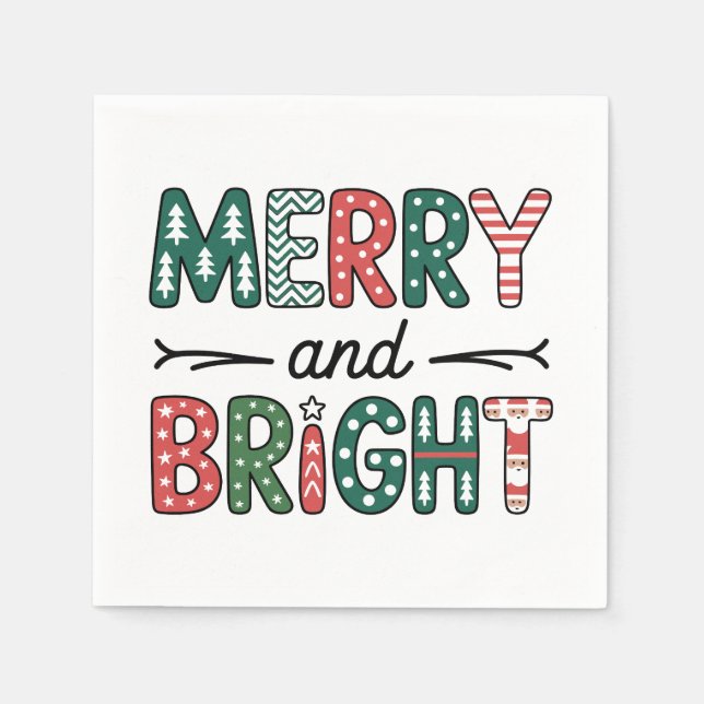 Merry And Bright Christmas Family Xmas Holiday Napkins (Front)
