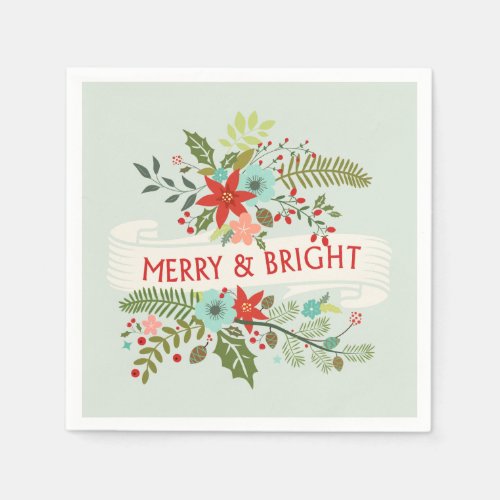 Merry and Bright Christmas Floral Holiday Napkins