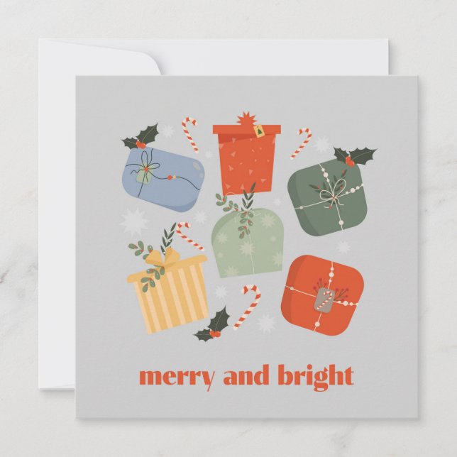 Merry and bright Christmas gift box Holiday Card (Front)