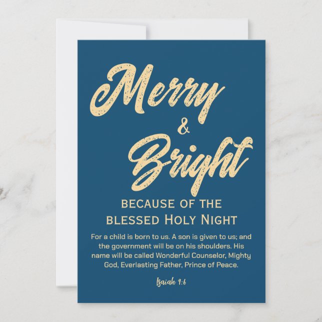 Merry and Bright Christmas Gold Beige Script Blue Holiday Card (Front)