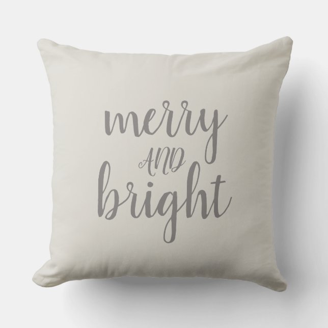 Merry and Bright Christmas Gray Script Throw Pillow (Front)