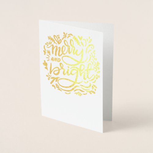 Merry and Bright Christmas Handlettered Golden Foil Card