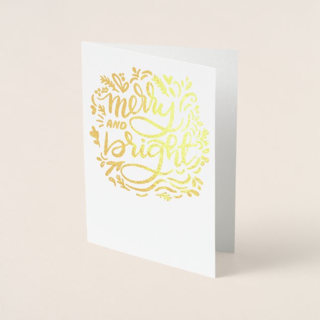 Merry and Bright Christmas Handlettered Golden Foil Card (Front)