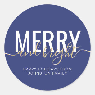 Merry and bright Christmas holiday blue Classic Round Sticker
