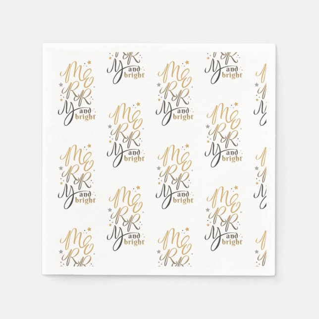 Merry and Bright Christmas Holiday Gold Script Napkins (Front)