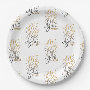 Merry and Bright Christmas Holiday Gold Script Paper Plates