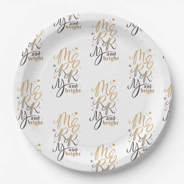 Merry and Bright Christmas Holiday Gold Script Paper Plates (Front)