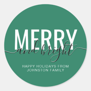Merry and bright Christmas holiday green Classic Round Sticker