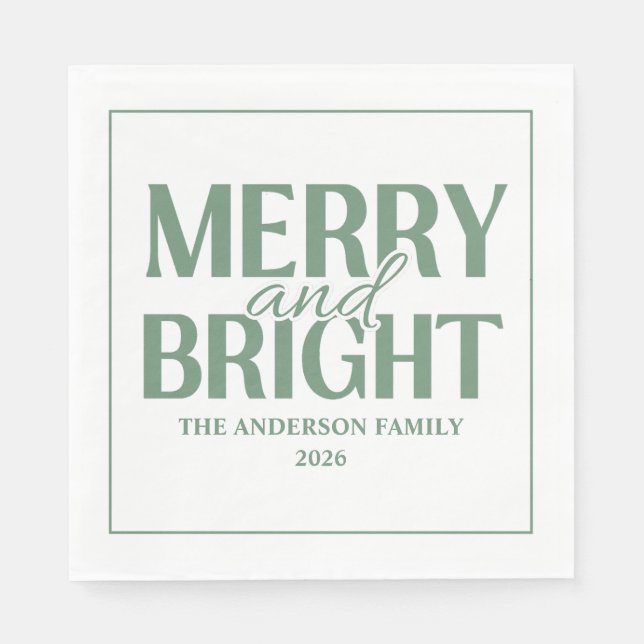 Merry And Bright Christmas Holiday Green Napkins (Front)